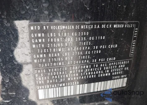 2021 Volkswagen Tiguan 2.0T Se/2.0T Se R-Line Black/2.0T Sel z USA, uszkodzony, nr VIN 3VV3B7AX7MM103299